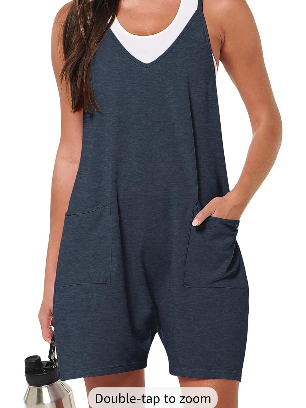 Sleeveless Dark Navy Romper with Front Pockets - Women's Casual Jumpsuit